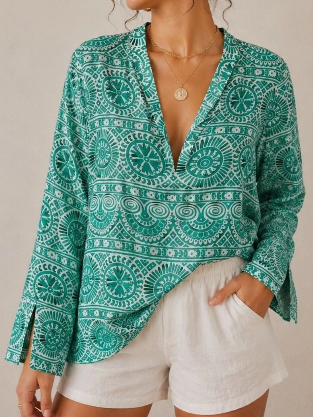 Tory Burch Silk Tunic Blouse Teal Ivory Sequin Print Size 10